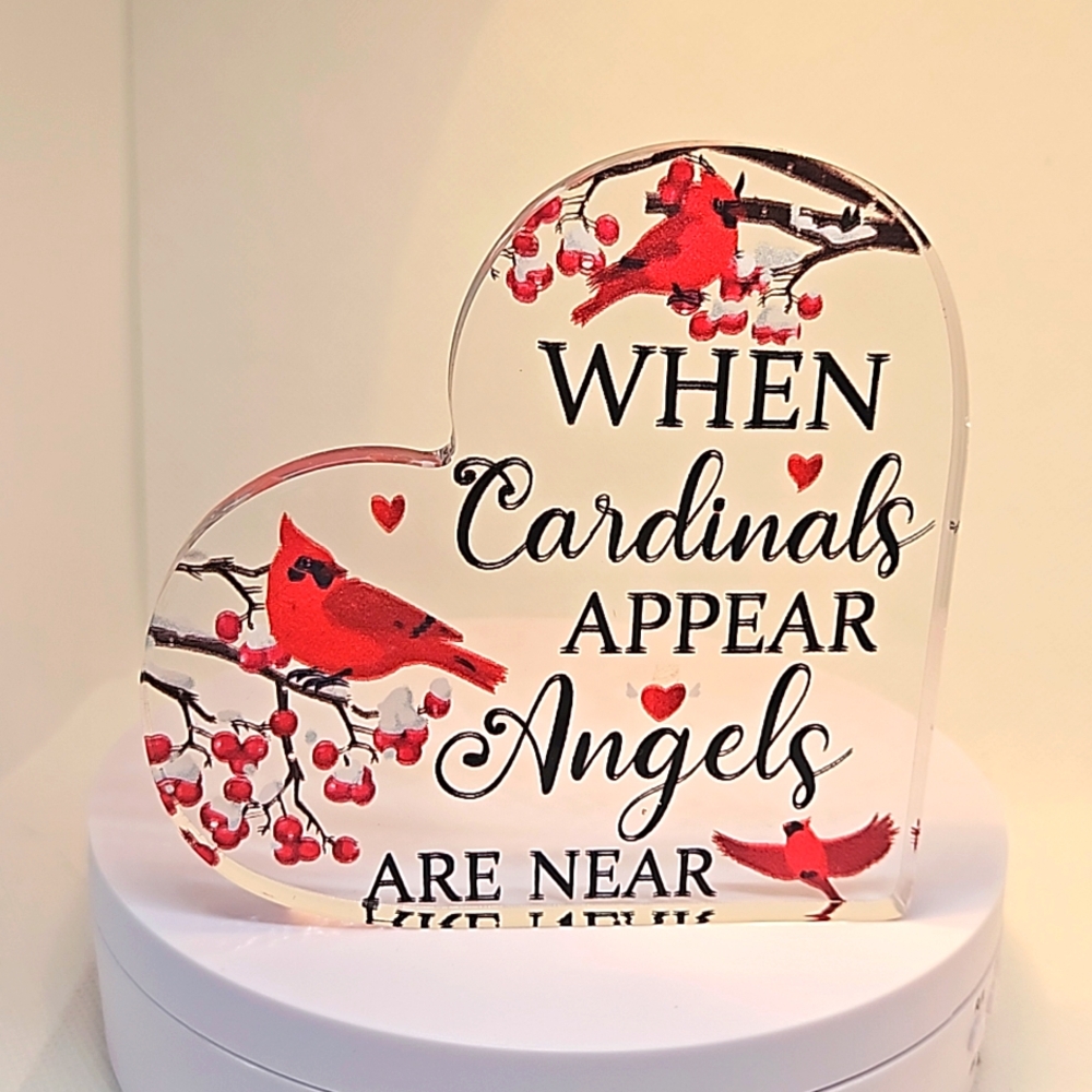 Cardinal Heart Shaped Plaque in Acrylic. 4" x 4"